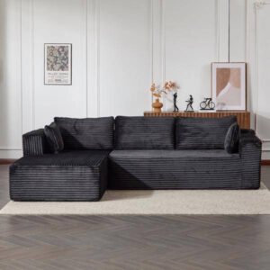 Compression Sectional Couch with Comfy Chaise, Boneless L Shape Sofa with Deep Seat, Minimalist Modular Couches Sleeper for Living Room Bedroom Apartment Lounge,corduroy,Black